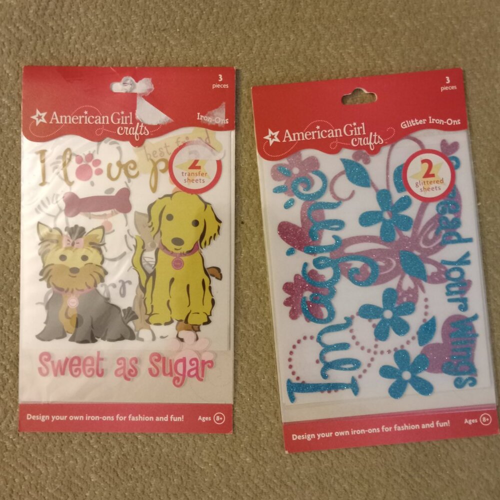 3/$35 2 American Girl Crafts Iron Ons 1 Glitter 1 Pets for Jeans or Shirts
